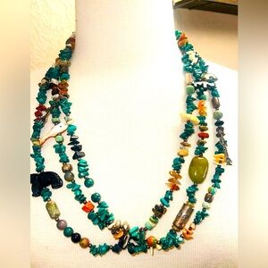 Stunning Native American Navajo Sterling 3 Strand Multi Stone Charm Necklace
